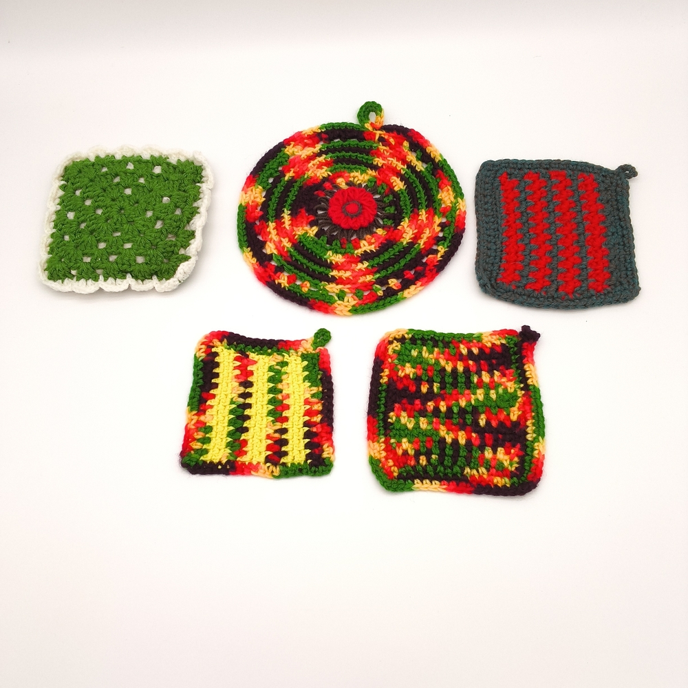 Vintage Style Crochet Potholders - Colorful Handmade Hot Pads, Set of 5